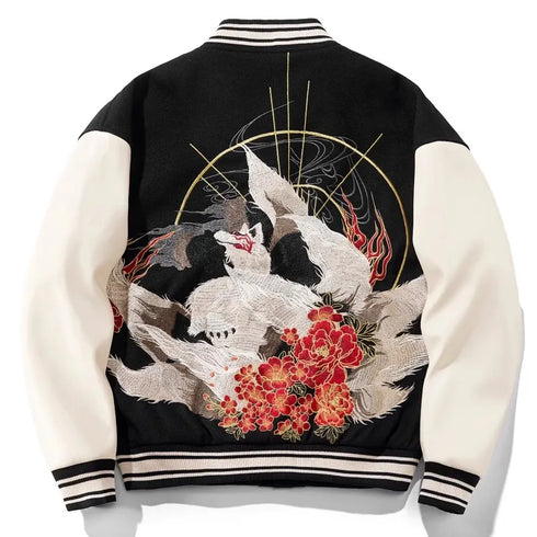 Peony Nine Tailed Fox embroidered sukajan jacket with intricate designs and ribbed sleeve cuffs.